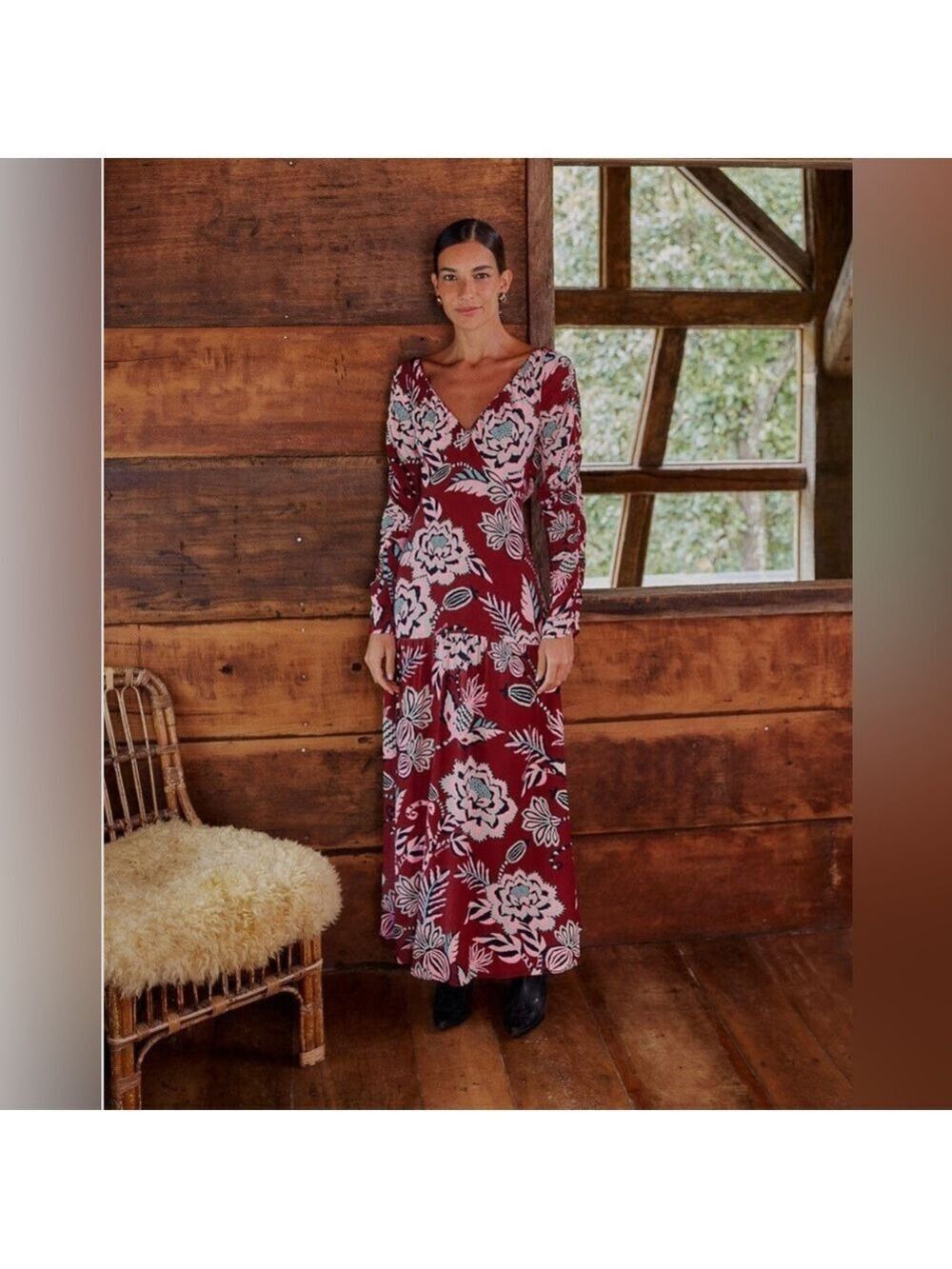 Farm Rio Burgundy Pineapple Inspiration V Neck Maxi Dress